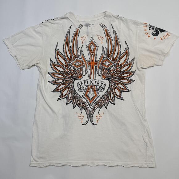 Affliction Shirt Mens XL White Live Fast Winged Cross Skull Graphic Stitching - Picture 1 of 7